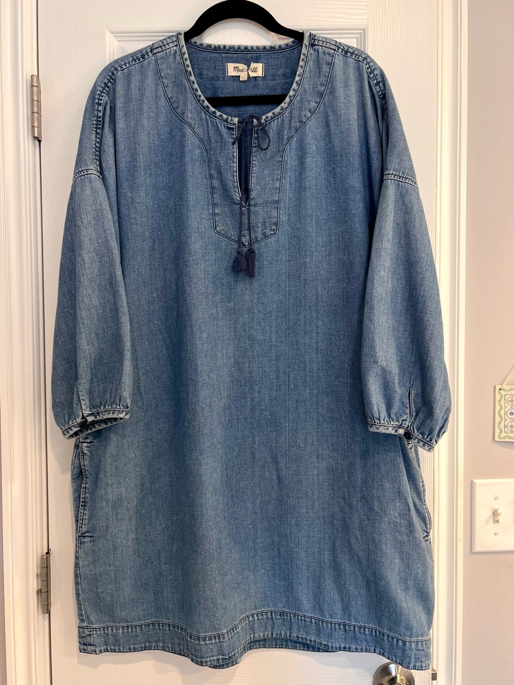Madewell Chambray Light Blue Denim Boxy Pullover Tunic Shift Dress 3/4 Sleeve XL
